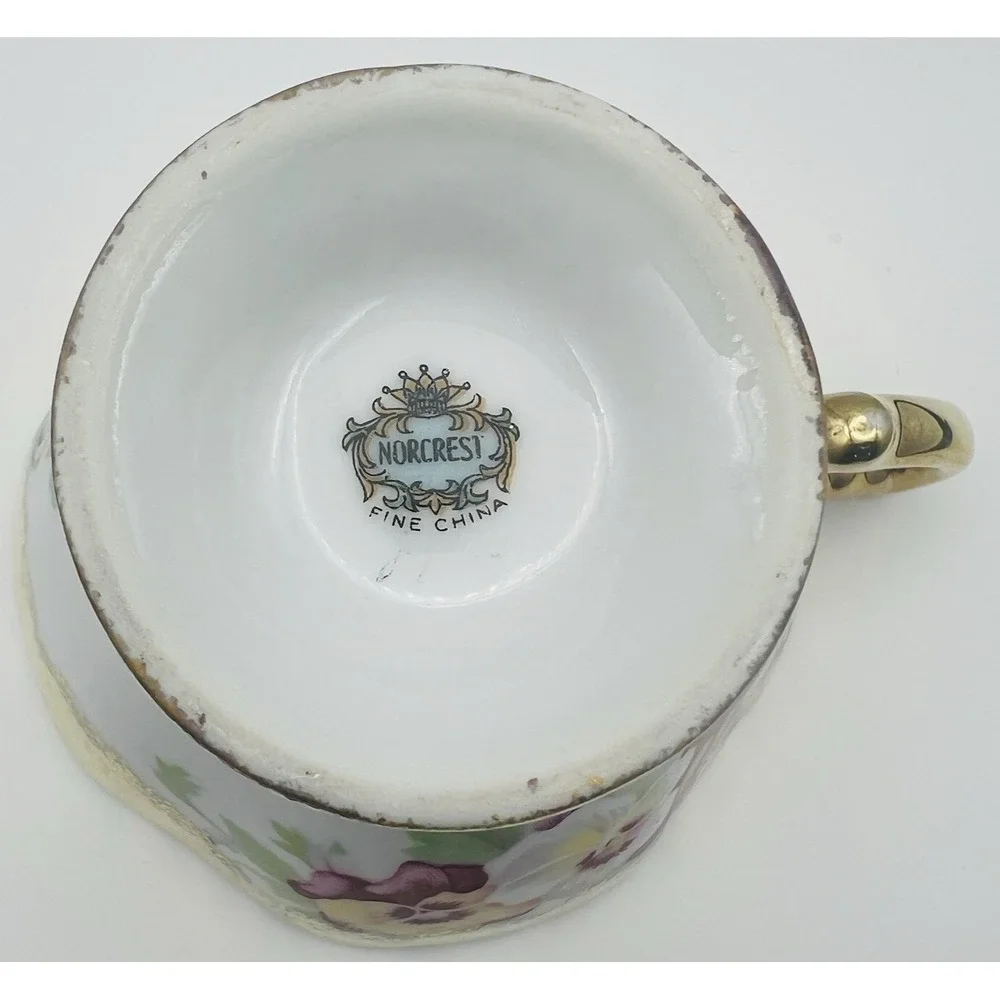 Norcrest Teacup Saucer Gold Encrusted Pansy Floral Footed China Japan Vintage